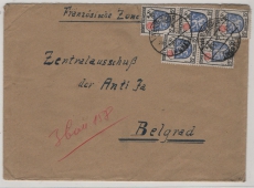 FRZ / Allgem Ausg., 1947 (?), Mi.- Nr.: 7 (5x) als MeF auf Auslandsbrief von Wengerohr nach Belgrad (Serbien)