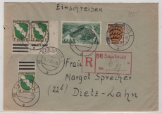 FRZ / Allgem. Ausg. + Saarland, 1947, Mi.- Nrn.: 1 (3x, + 1 BR u), 3, + Saar 200, als MiF auf R.- Fernbrief von Saarlouis nach Dietz