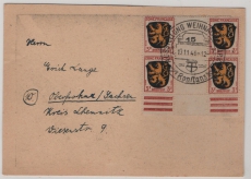 FRZ / Allgem Ausg., 1946, Mi.- Nr.: 2 (4x, in 2 ZW) als MeF auf Fernpostkarte zur Weinachst- Ausstellung (mit Sonderstempel) in / von Konstanz nach Oberfrohna