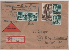 FRZ / Baden, 1948, Mi.- Nr.: 4 (4x) + 13, als MiF auf NN- Einschreiben- Ortsbrief innerhalb von Freiburg