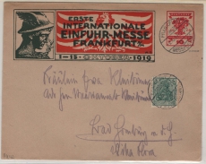 DR, Infla- Germania, 1919, Mi.- Nrn.: 107 als Privat- GS- Werbe- Umschlag + Mi.- Nr.: 85II, von FF/M nach Bad Homburg, dekorativ!
