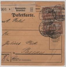 DR / Infla, 1921, Mi.- Nrn.: 114 (2x, vs.) + 115 (2x, rs.), in MiF auf Paketkartenstammteil von Hohenstein- Ernsttal nach Passau