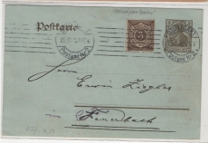 DR, Germania, 1910, 3 RPfg.- GS (Mi.- Nr.: P77?), + Württemberger Zusatzfrankatur, als Fernpostkarte von Stuttgart nach Feuerbach
