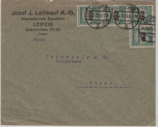 DR, Hochinflation, 1923, Mi.- Nr.: 329 (4x) als MeF auf Auslandsbrief von Leipzig nach Basel (CH)