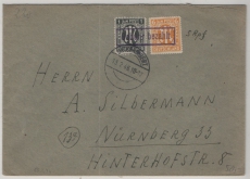 AM- Post, 1946, 1 + 6 RPfg. + Teilbarfrankatur, als MiF auf Fernbrief von Unternbibert nach Nürnberg. Mit Teilbarfrankatur sehr selten!