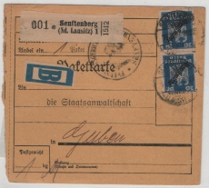DR, Weimar, 1927, Dienstmarken, Mi.- Nr.: D 108 (2x) als MeF auf Dienst- Paketkartenstammteil, von Senftenberg nach Guben