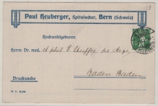 Schweiz, 1911, 5 Rp.- Privat- (Werbe)- GS- Karte, gelaufen als Auslands- Drucksache von Bern nach Baden- Baden (D)