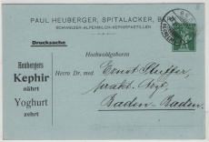 Schweiz, 1911, 5 Rp.- Privat- (Werbe)- GS- Karte, gelaufen als Auslands- Drucksache von Bern nach Baden- Baden (D)