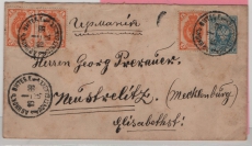 Russland, Zarenzeit, 1899, 7 Kop.- GS- Umschlag + 3x 1 Kop. Zusatzfr., als Auslandsbrief von Dwinsk nach Neustrelitz (D)