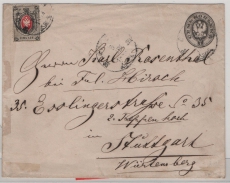 Russland, Zarenreich, 1883, 7 Kop. GS- Umschl. (gr.) + 7 Kop. Zusatz, als Auslandsbrief von ... nach Stuttgart (D.)