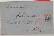 Russland, Zarenreich, 1862, 10 Kop. (Mi.- Nr.: 5) als EF auf Fernbrief St Petersburg nach Riga, mit Transitstempel, vs.