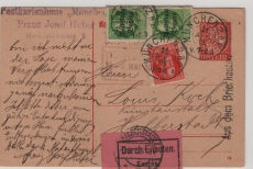 Bayern, 1919, 10 RPfg. - GS- Karte + 25 RPfg. (Luitpold mit + ohne Überdruck), als Eilboten- Fern- Postkarte, von München nach Halberstadt