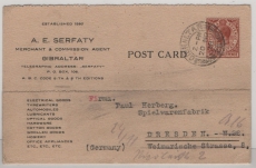 Gibraltar, 1928, 3,5 P. EF auf Auslands- Postkarte von Gibraltar nach Dresden (interessante Werbung vs. => Gibraltar!)