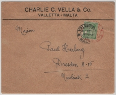 Malta, 1930, Gebührenfreier Auslandsbrief mit Nachtaxe 1/2 P., von Valetta nach Dresden! Interessante Gebührenkombi!