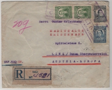 Kolumbien, 1927, 16 Ct. MiF, auf Auslands- Einschreiben von Cali via Hamburg nach Linz (A)
