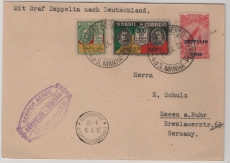 Brasilien, 1931, 850 R. / + 2$ MiF auf Zeppelin- Flugpostkarte von Manha-Pernambuco via Friedrichshafen nach Essen