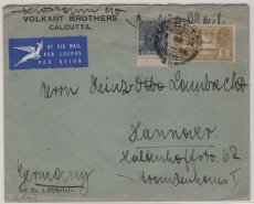 Indien, 1934, 9,6 A. MiF auf Luftpost- Auslandsbrief von Calcutta nach Hannover (D.)
