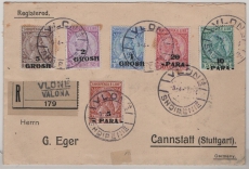 Albanien, 1914, 35 Para + 8 Gr. Überdruck- MiF auf Auslands- Einschreiben, von Valona nach Cannstatt (D.)