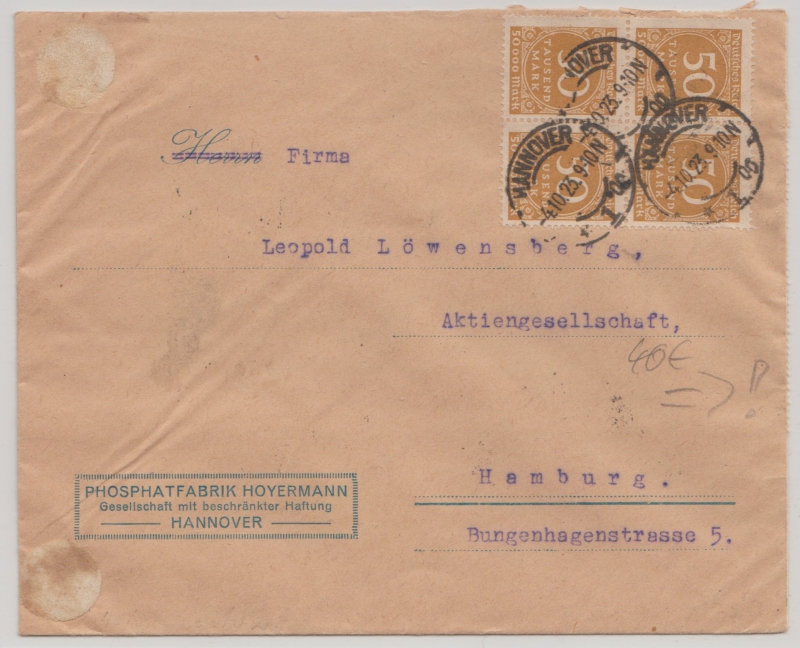 Infla, Mi.- Nr.: 275 (40 x), MeF (vs. + rs.) auf Fernbrief von Hannover nach Hamburg - briefe ...