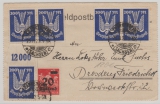 267 (5x) + 280, MiF auf Briefvorderseite, verwendet (ursprünglich) als Fernbrief von Frankenberg nach Dresden
