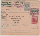 Österreich, 1916, Auslands- Paketkarte mit 2,6 Kronen Zusatzfrankatur, für 1 Paket von Wien nach Konstantinopel (T)