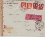 Italien, 1944, 3,25 Lire MiF, auf Einschreiben- Expres- Auslandsbrief von Triest nach Bonn, mit Dt. Zensur (3x)
