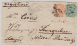 Indien, East India, 1868, 2 + 4 Annas in MiF auf Einschreiben- Fernbrief von Bangalore (?) nach Tranquebar (?) Selten!