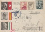Spanien, 1940, Spanische Propagandakarte mit A.H., Mussolini und Franco- Abbildung, mit Zensur, von Spanien nach Tilsit