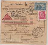 Weimar, Mi.- Nr.: 365X + 414 auf Auslands- Nachnahmepaketkarte für ein Paket von Wiesbaden nach Basel (CH) Selten!