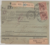 Krone + Adler, Mi.- Nr.: 47 + 50 (3x) vs + rs., verwendet auf Auslands- Paketkarte von Berlin nach Brüssel (B).