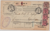 Krone + Adler, Mi.- Nr.: 47 (3x) + 50 als MiF, auf Auslands- Paketkarte für ein Paket von Berlin nach Kopenhagen (DK)