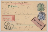 Kaiserreich; 1902, Germania, 5 Pfg.- GS + Mi.- Nr.: 72 als Zusatz, als MiF auf Auslands- Einschreiben- Nachname- Postkarte nach Wien