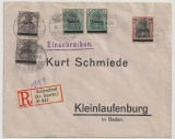 Saargebiet, 1920, Mi.- Nr.: 4 (2x), 7 (2x) + 13 als MiF auf Einschreiben- Fernbrief von Quierscheid nach Kleinlaufenburg