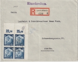 DR, 1935, Mi.- Nr.: 568 (4x) als ER- 4er- Block- MeF, auf Einschreiben- Fernbrief von Lorch nach Aue