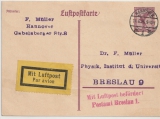 15 Pfg. Flugpost, graulila, Lupo- Karten- GS, (Mi.- Nr.: P169 b ?), gelaufen von Hannover nach Breslau, per Luftpost