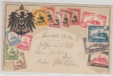 DSWA, 1906, Feldpost- Postkarte von Warmbad nach Nieder- Schöneweide, rs. Ansicht: Marken von DSWA, Prägekarte!