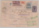 Österreich, 1915, 1 Krone als Zusatzfrankatur auf 10 Heller- Paketkarte für ein Auslands- Paket  von Wien in die Schweiz