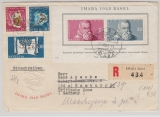 Schweiz, 1948, IMABA- Block + Zusatzfrankatur auf Einschreiben- Auslandsbrief von Basel nach Hamburg