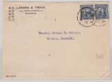 China, 1939, 20 Ct. (2x) als MeF, auf Auslandsbrief von Shanghai nach Odense (DK)