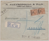 Türkei / GB- Post, 7 1/2 Piaster (2x) auf Einschreiben- Auslandsbrief- Vorderseite von Constantinopel nach Berlin