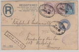 GB, 1899, 2 Pence- R- Brief- GS- Umschlag + 4,5 Pence Zusatzfrankatur auf Auslandseinschreiben von London nach Freudenberg