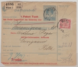 Österreich, ca. 1900, 10 H. Paketkarte + 72 H. Zusatzfrankatur, für ein Paket von Wien nach Cerignano (It.)
