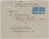 Gold Coast, 1929, 3 d. (2x) als MeF auf Eingeschriebener- Auslandsbrief von Sekondi nach Zürich (CH)