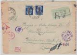 Italien, 1944, 1,25 Lire (2x) als MiF auf Auslandsbrief von Vercelli nach Wiesbaden, mit 8- facher Zensur