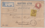 GB, 1910, 2 Pence- Einschreiben- GS- Umschlag + 3 Pence Zusatzfr., als Auslandseinschreiben von London nach Hamburg