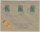 Lichtenstein, 1919, 1y (3x) als MeF auf Auslands- Einschreiben von Vaduz nach Freiburg (D.)