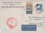 DR, 1936, MiF auf per Zeppelin gelaufener Werbepostkarte (ND- Loyd, Bremen), von Bremerhafen nach Westwood (USA)