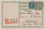 Bayern, 1911, 5 Pfg.- GS- Karte (P91) + Mi.- Nr.: 79 als Zusatzfr., als Einschreiben- Auslandspostkarte von München nach Budapest