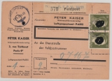 Felpost- Paketkarte, 1943, mit Einlieferungsabschnitt + DR- Mi.- Nr.: 794 (2x, vs.) + 795 (2x, rs.), für ein Paket von Paris an FP.- Nr.