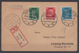 DR, 1927, Mi.- Nr.: 407- 09, als MiF auf Satz- Einschreiben- Ortspostkarte innerhalb Leipzigs